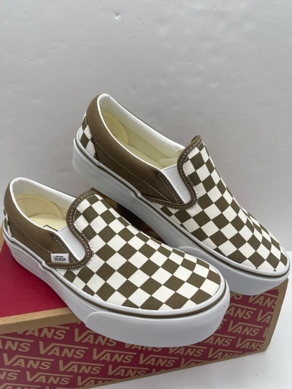 Vans Slip-On Platform Sneakers Checkerboard Sepia Brown VN00018E0E0 New - Picture 4 of 16